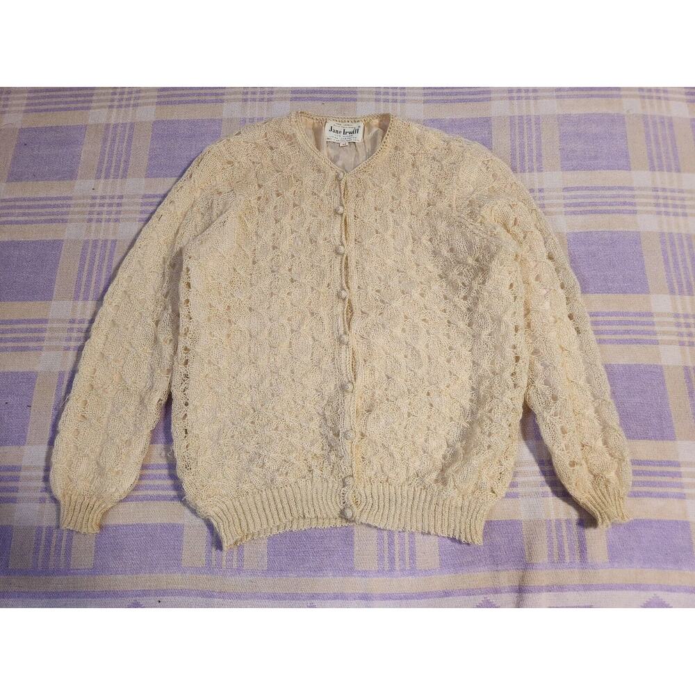 Vintage Jane Irwill Mohair Rayon 50s 60s Cream Cardigan Sweater 40 Hand Loomed